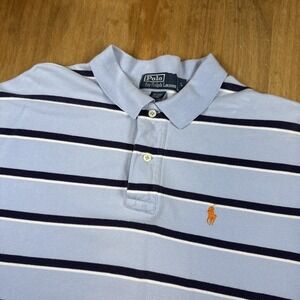 Polo Ralph Lauren Short Sleeve Pique Polo Shirt Mens L Blue Striped Orange Pony